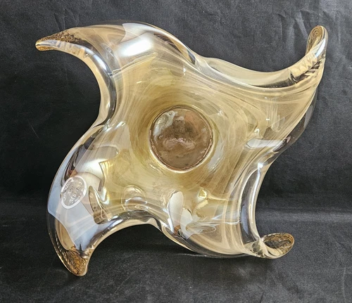 Vtg Lavorazione Arte Murano Yellow Gold White Swirl Art Glass Bowl Made in Italy