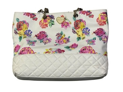 Betsey Johnson White Purse Bag Flowers And Bumble Bees Quilted Vinyl