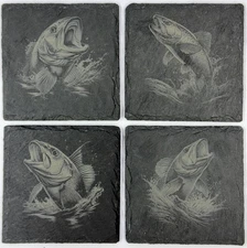 Laser Engraved Fishing Slate Coasters: Bass & Trout Designs - Set of 4