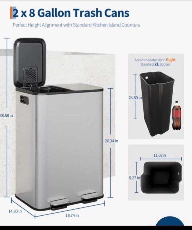 2-Compartment Kitchen Trash Can 2x8 Gal Separate Lids Handles Silver/Black