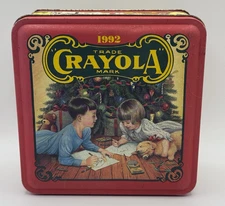 Vintage Christmas Crayola Crayons Empty Metal Tin Box Canister Art Storage 1992