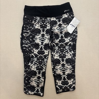 Asics Women's Crazy Sequin Print Black White Capri Pants Size Small NWT