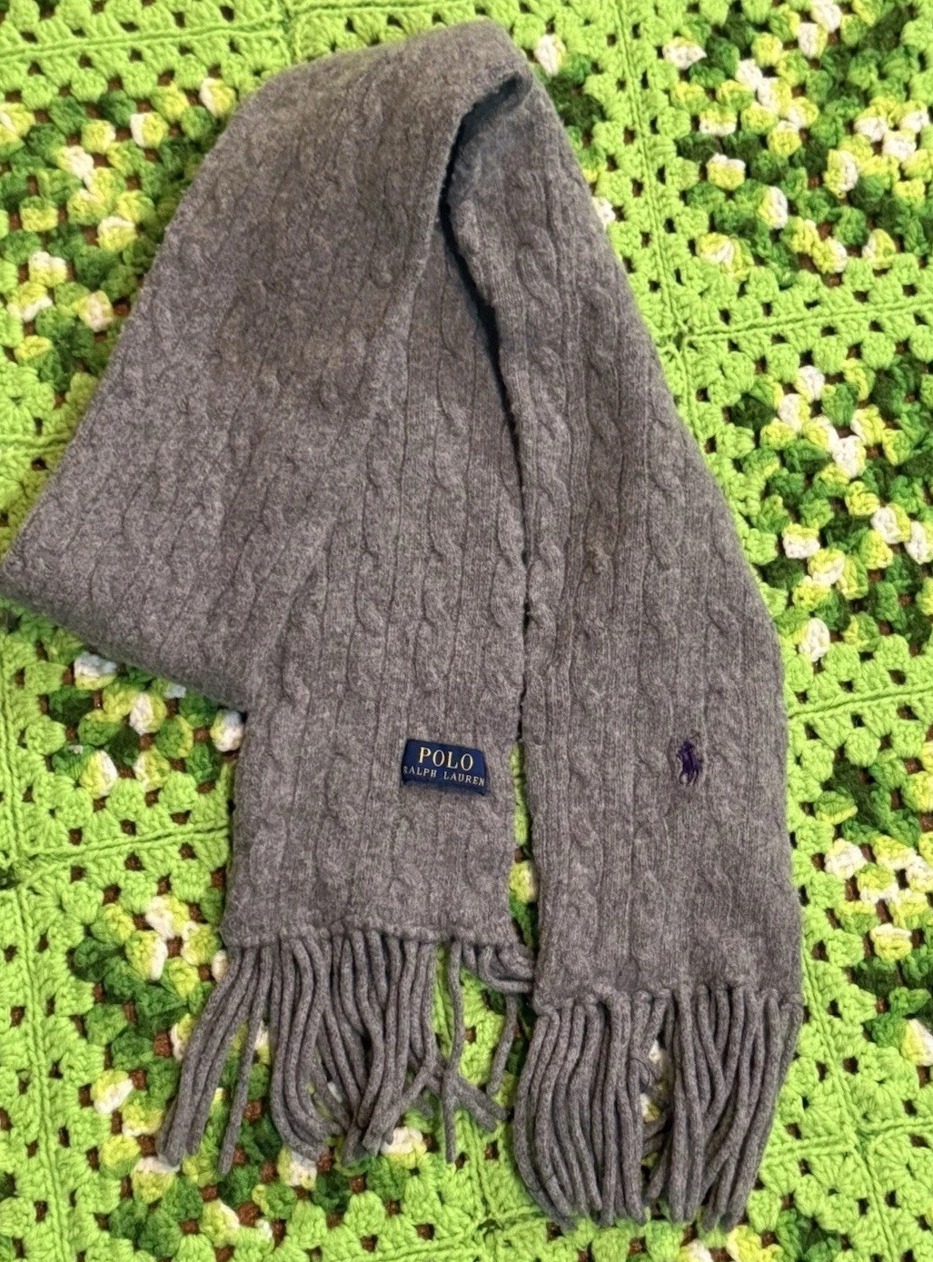 Polo Ralph Lauren Cable Knit Fringe Scarf Purple Horse Outdoor Cold Snow Classic