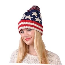 American Flag Knit Pom Beanie Ski Hat with Stars Small-Medium