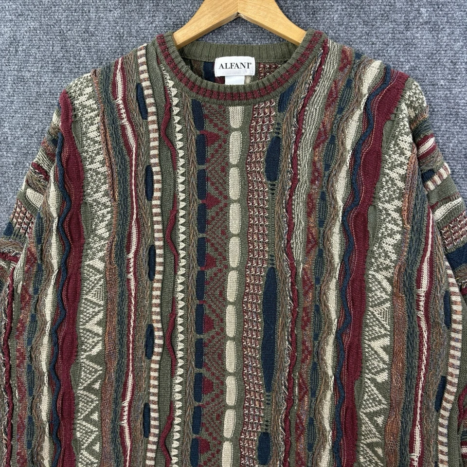 Suéter De Colección Estilo ALFANI Coogi Para Hombres XL Verde Oliva Rojo Años 90 Tejido 3D Texturizado Foto 3 de 4