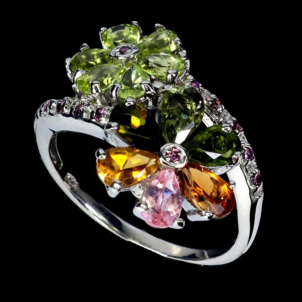 925 Sterlingsilber Ring Birne Turmalin Rhodolith Topas Edelstein Schmuck Größe 7 - Bild 2 von 4