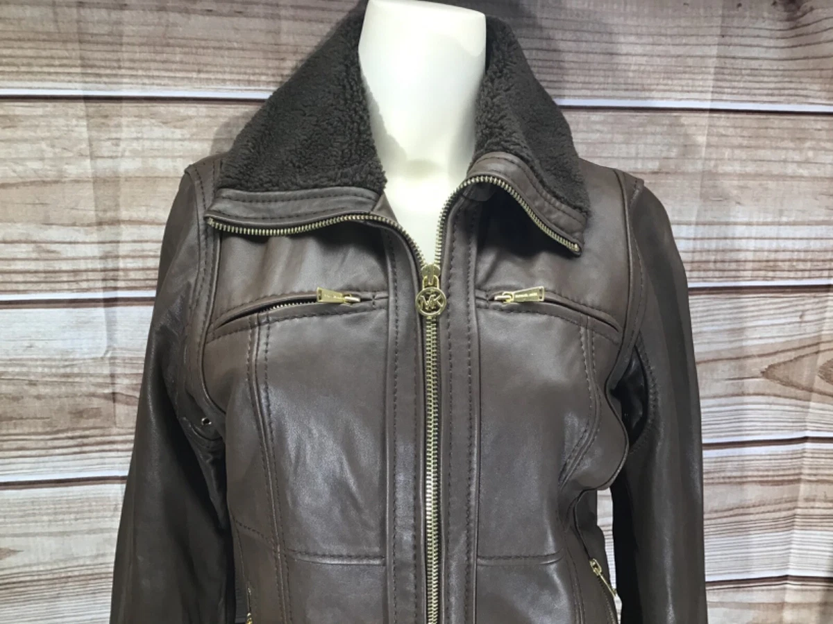 Michael kors brown cheap leather jacket womens