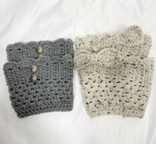 2 Pair Handknit Boot Cuffs Grey Ivory Bow Buttons Crochet Handmade