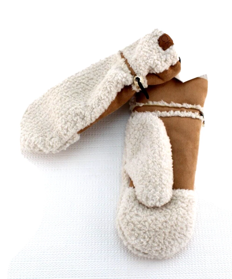 CALVIN KLEIN One Size Faux Shearling & Faux Suede with CK Logo Mittens MSRP $48 - Image 2 of 4