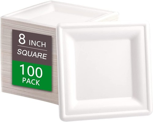 8inch Compostable Paper Plates 100 Pcs Square Biodegradable Bagasse Plates Heavy