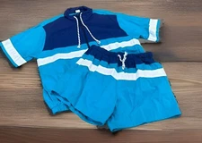 VTG 80s Sea Island Swimmates Blue Zip Front Shirt And Swim Trunks Suit Men's M/L