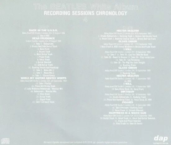 THE BEATLES / WHITE ALBUM : RECORDING SESSIONS CHRONOLOGY