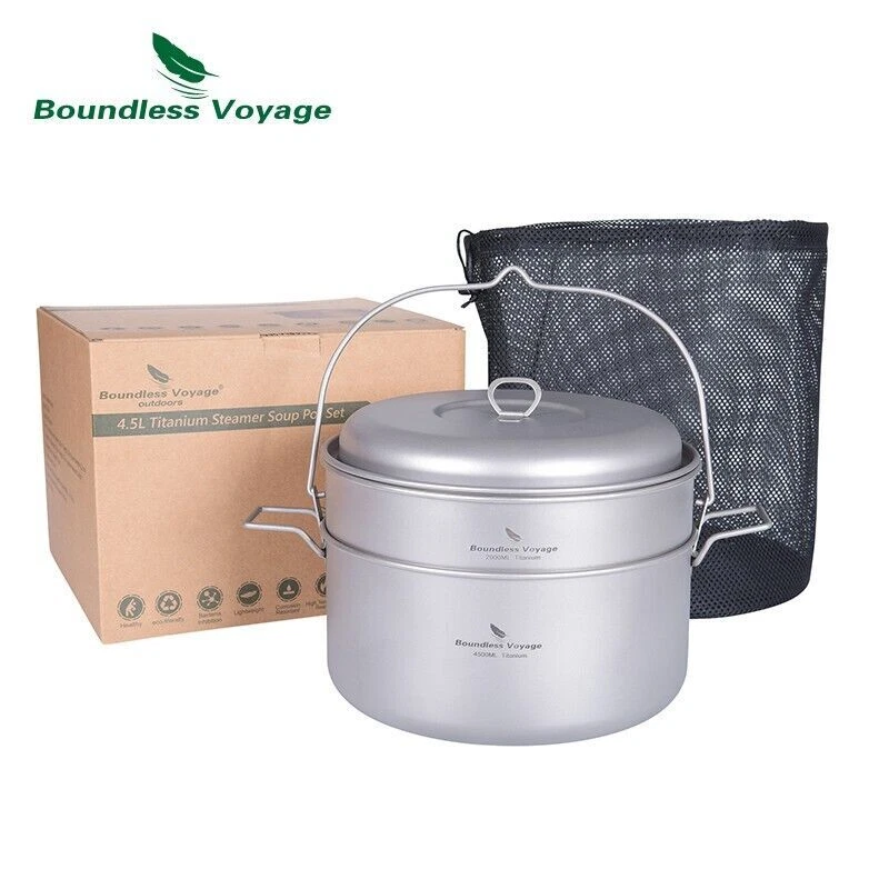 Camping Cookware Titanium Steamer Soup Pot Set Outdoor Lightweight Hanging Pot - Image 2 of 4