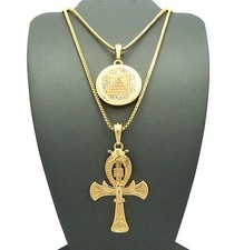 NEW EGYPTIAN ANKH CROSS & PYRAMID PENDANT & BOX CHAINS NECKLACE SET - RC847
