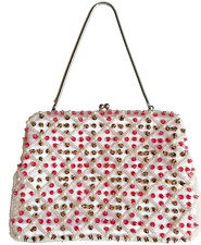 Vintage Pink Satin Beaded Handbag Purse Hong Kong Brown Beads Faux Pearl Sequins