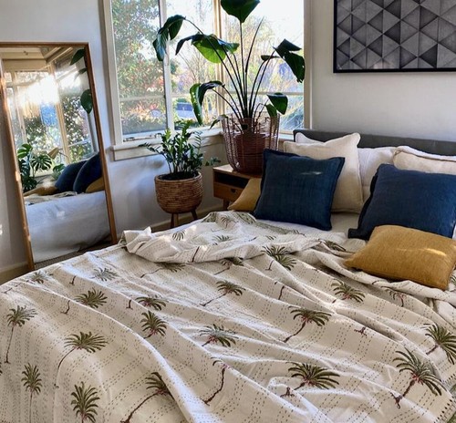Plam Tree White Color Throw Kantha Quilt Cotton Bedding Decor Quilt 90x108 in - Picture 5 of 5