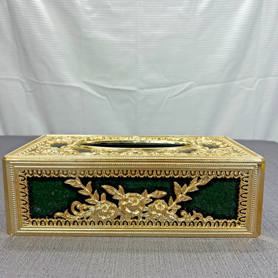Vtg MCM Hollywood Regency Style Tissue Box Holder Black Felt And Gold Plastic - Image 2 of 4