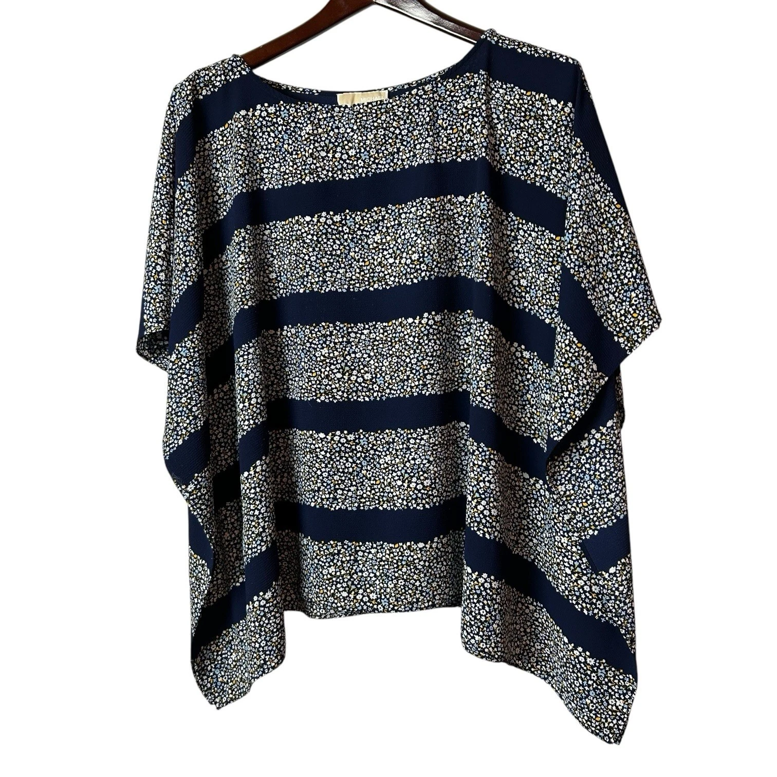 MICHAEL Kors Women's Top Blouse Tunic Poncho Batwing Blue Stripe Floral Size 2X