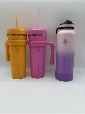 ThermoFlask Assorted 2 32 Oz Cups W/ Handle 1 40 Oz Bottle W/Pop Up Straw  EUC