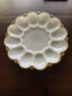 VTG Anchor Hocking Milk Glass Deviled Egg Plate White Scalloped with Gold 1950s