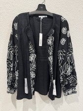 Chico s Black White Embroidered Linen Jacket Open Front Size 2 L NWT