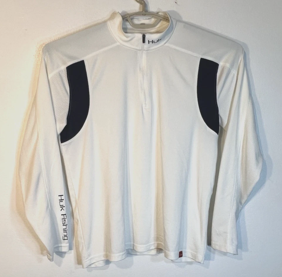 HUK Men's Medium White w/ Blue Accents Quarter zip Long Sleeve Fishing Shirt