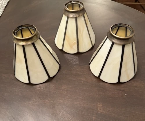 VINTAGE TIFFANY STYLE 8 PANEL STAIN  GLASS SLAG LEADED LAMP SHADES MCM Lot of 3