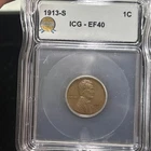 SASA 1913 S lincoln wheat cent ICG Xf40