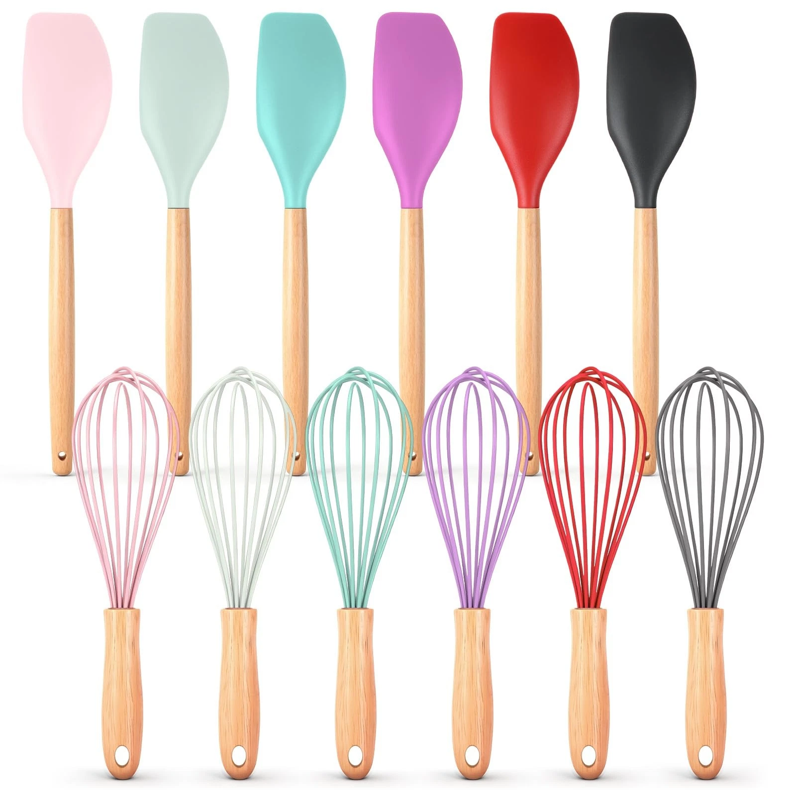 Funnymoom 24 Pcs Small Silicone Whisks and Spatulas with Wooden Handle for Co...