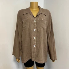 kleen womens tan linen blend button down long sleeve collared shirt size m