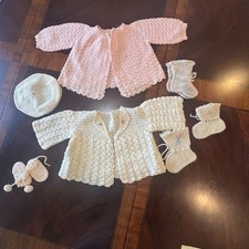 Vintage Crochet Baby Set Lot Pink Cream Cardigans, Booties, Bonnet, Mittens