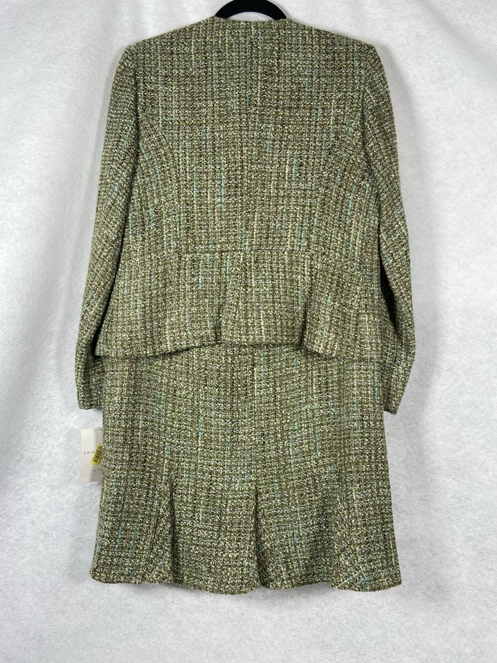 Emma James 2 piezas Falda Traje Mujer Pequeño 10P Verde Marrón Tweed Cremallera Completa Forrada Nuevo Foto 2 de 4
