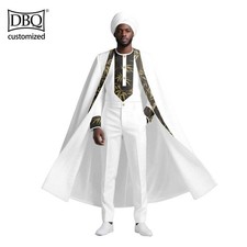 DBQ African Men's Suit Patchwork Long Cloak Shirt Slim Pants Hat 4 Pieces Set
