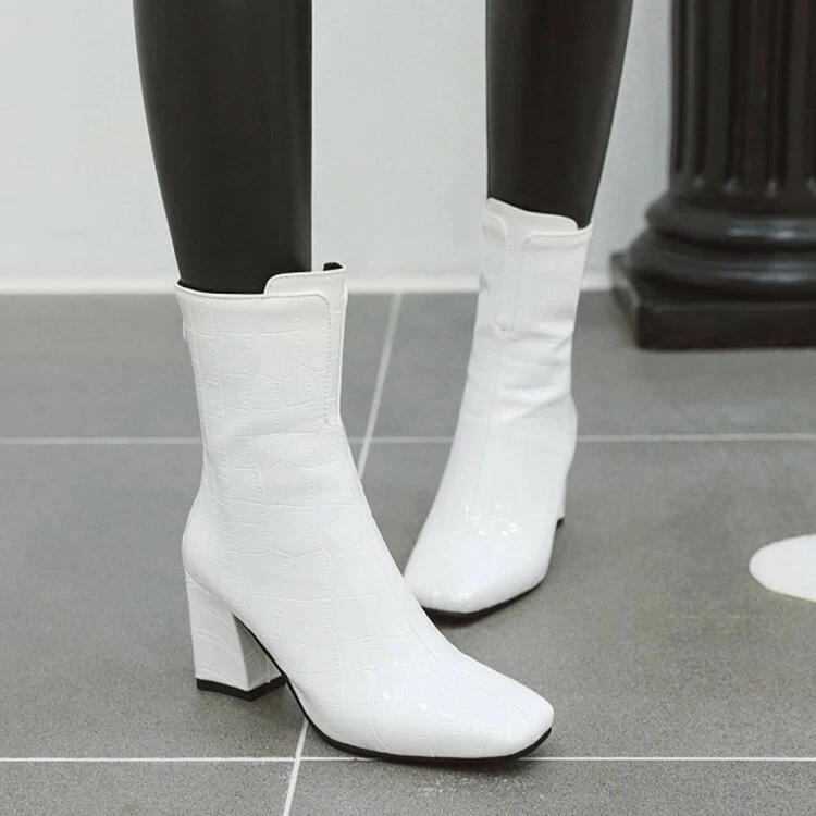 UK Ladies Patent Leather Ankle Boots Fashion Square Toe Block