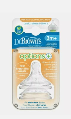 NEW 2 Count Dr. Brown's BPA Free Breast-Like Wide Neck Bottle Nipple 3+ Month 
