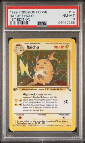 1999 Pokemon Fossil 1st Edition Raichu #29 Holo PSA 8