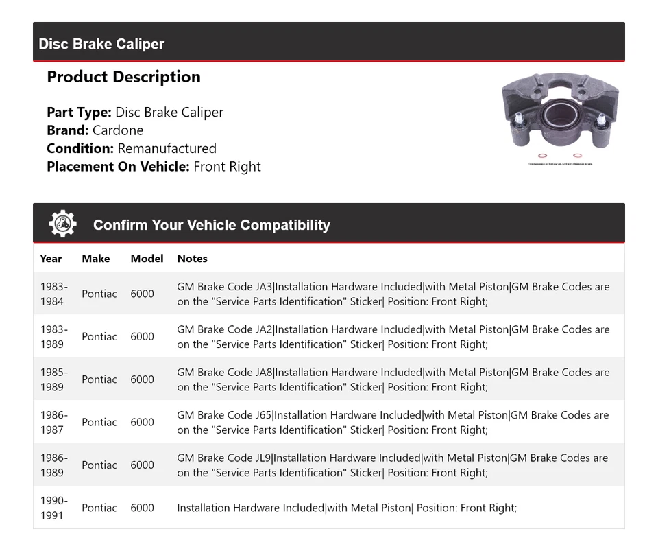 Суппорт переднего правого дискового тормоза Pontiac 6000 1983-1991 годов выпуска 1984 1985 1986 годов выпуска - Изображение 2 из 4
