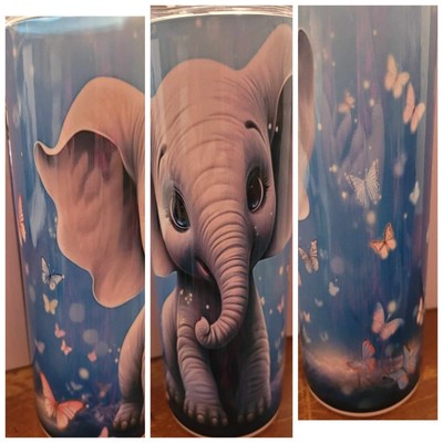 Elephant with Butterfly sublimated on 20 oz stainless-steel skinny tumbler