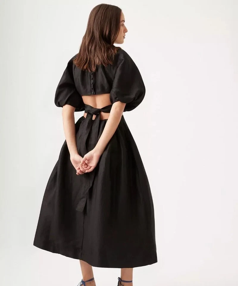 Aje Dress Mimosa Black Midi Size AU 16 US 12 Tie Back Short Puff Sleeve NEW TAGS