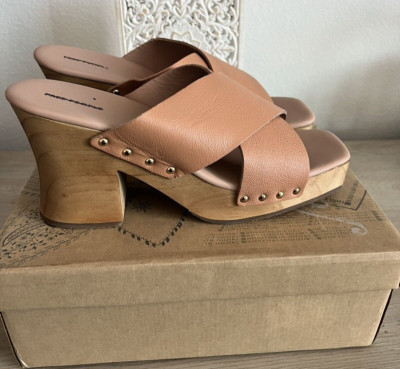 New Free People Mallory Leather Criss Cross Wood Clog W 10 Vachetta Pink Stud