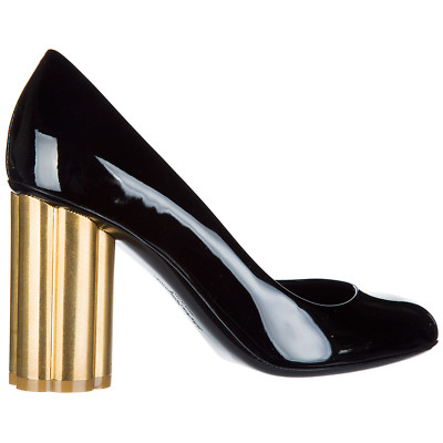 NIB NEW Salvatore Ferragamo Lucca black patent pumps gold flower