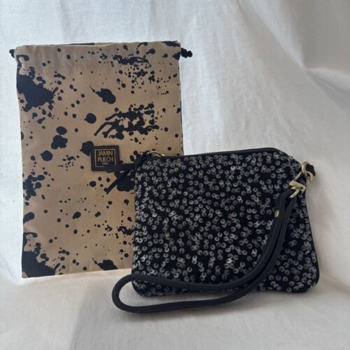 Jamin Puech Womens Sequin Zip Up Wristlet Clutch Pouch Bag Mosaic Pattern Black - Picture 3 of 10