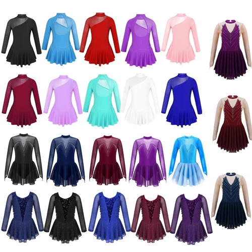Girls Cutout Back Ice Figure Skating Dress Long Sleeves Roller Skating Dresses
