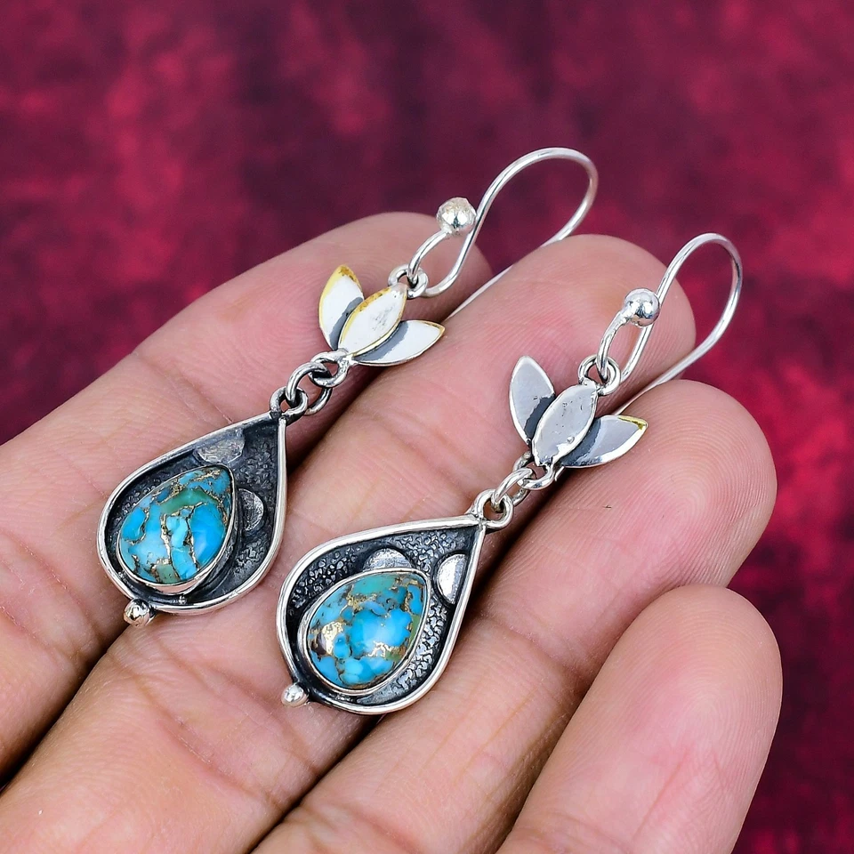 Pendientes de plata de ley 925 hechos a mano con piedras preciosas turquesa cobre azul joyería Foto 2 de 4