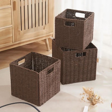 3Pcs Woven Shelf Baskets, 10.5'' Paper Rope Handmade Open Storage Bins, Dark Bro