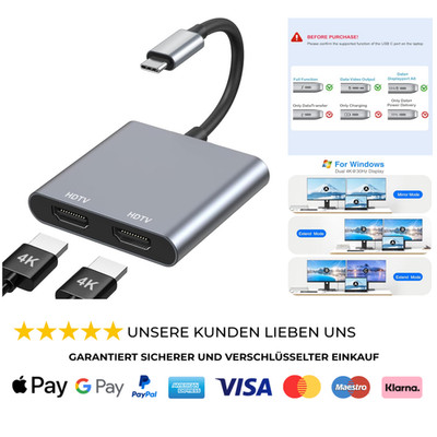 USB C auf Dual HDMI Adapter 4K@60Hz, Typ C to HDMI Splitter for Dual Monitors