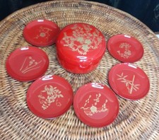 Vintage Japanese Red Lacquer And Gold Set Of 6 Coasters In Original Box
