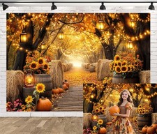 Fall Photo Backdrop 7X5FT Autumn Forest Maple Leaves Pumpkin Sunflower Photo