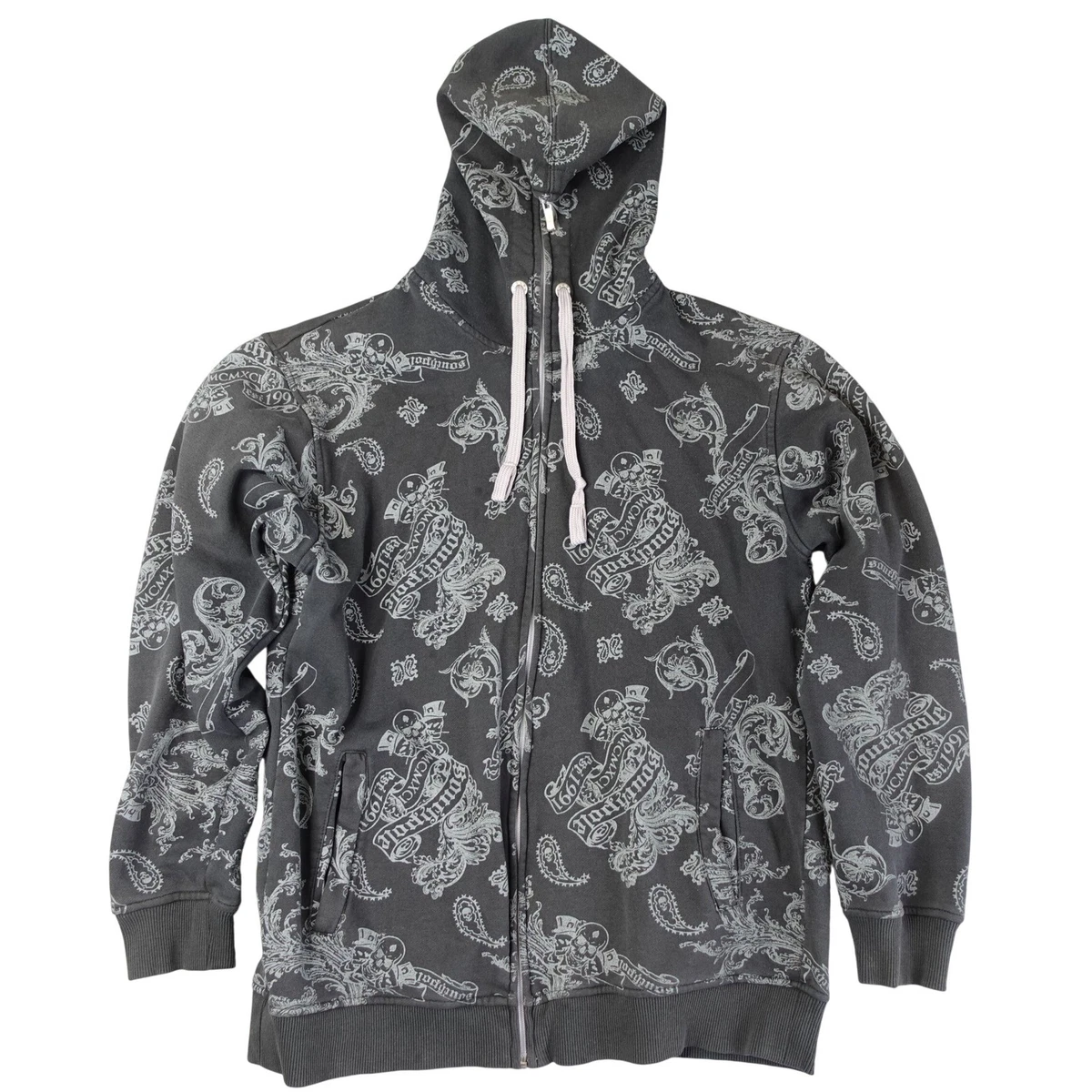Vintage Y2K Southpole Hoodie Mens M Black Skull Paisley Zip Faded