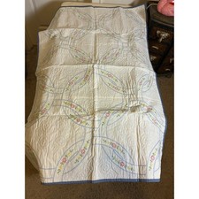 Vintage Hand Embroidered Crib Quilt Blue Pink Floral Cottagecore 34x51 Handmade